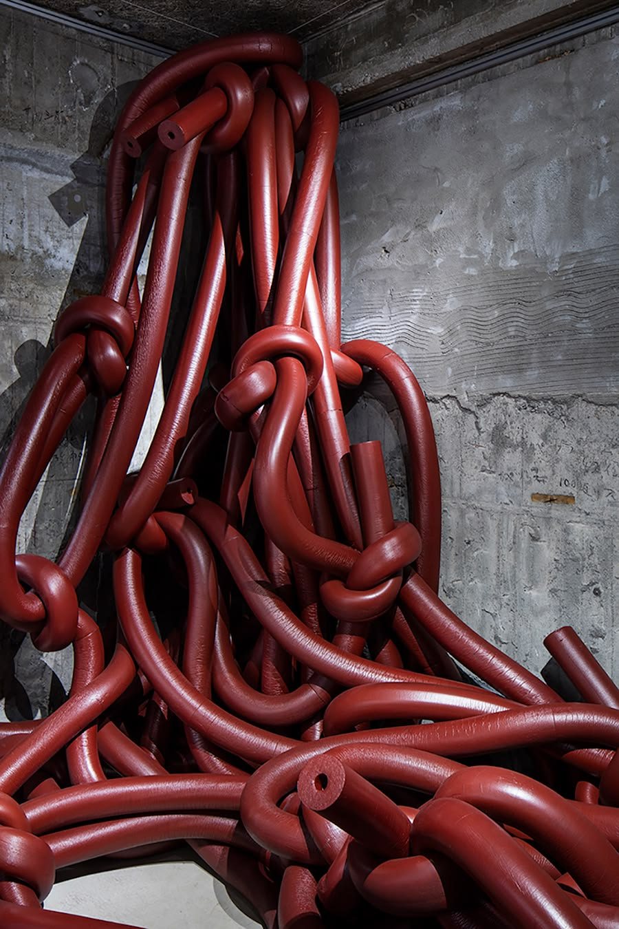 Huge knotted red tubes pouring down a concrete wall