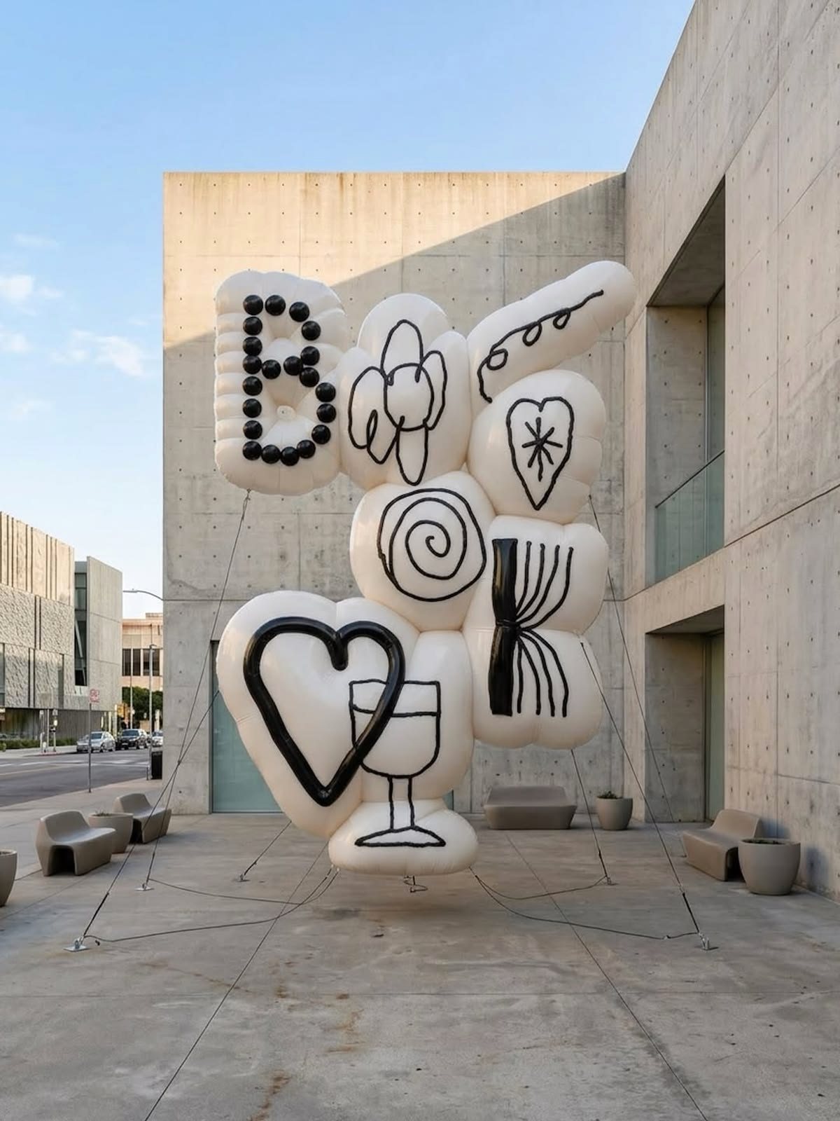 Giant inflatable letters and doodled symbols against a concrete building