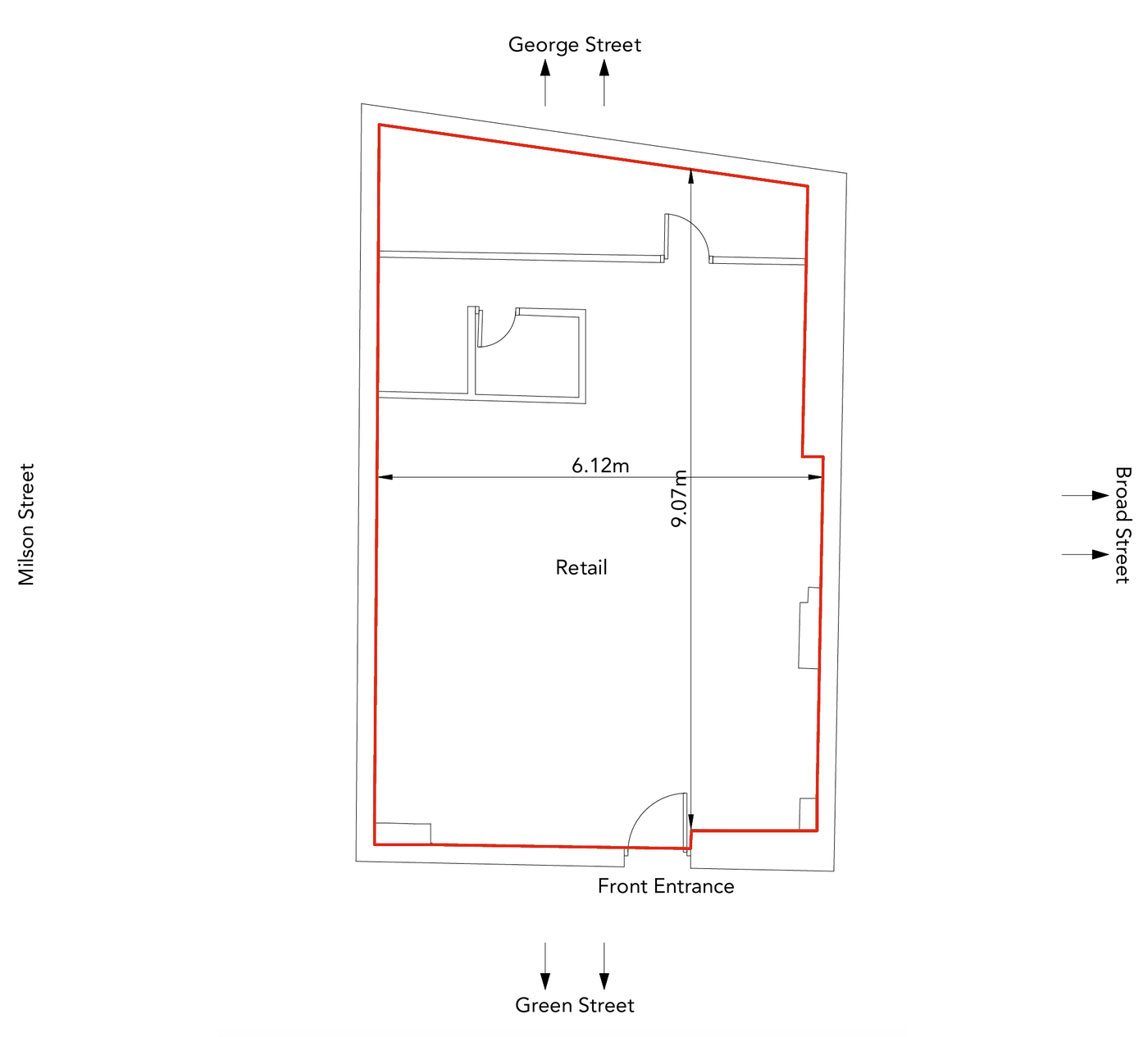 Floor plan of Unit 9, 6.12 by 9.07 metres, with the front entrance at the bottom