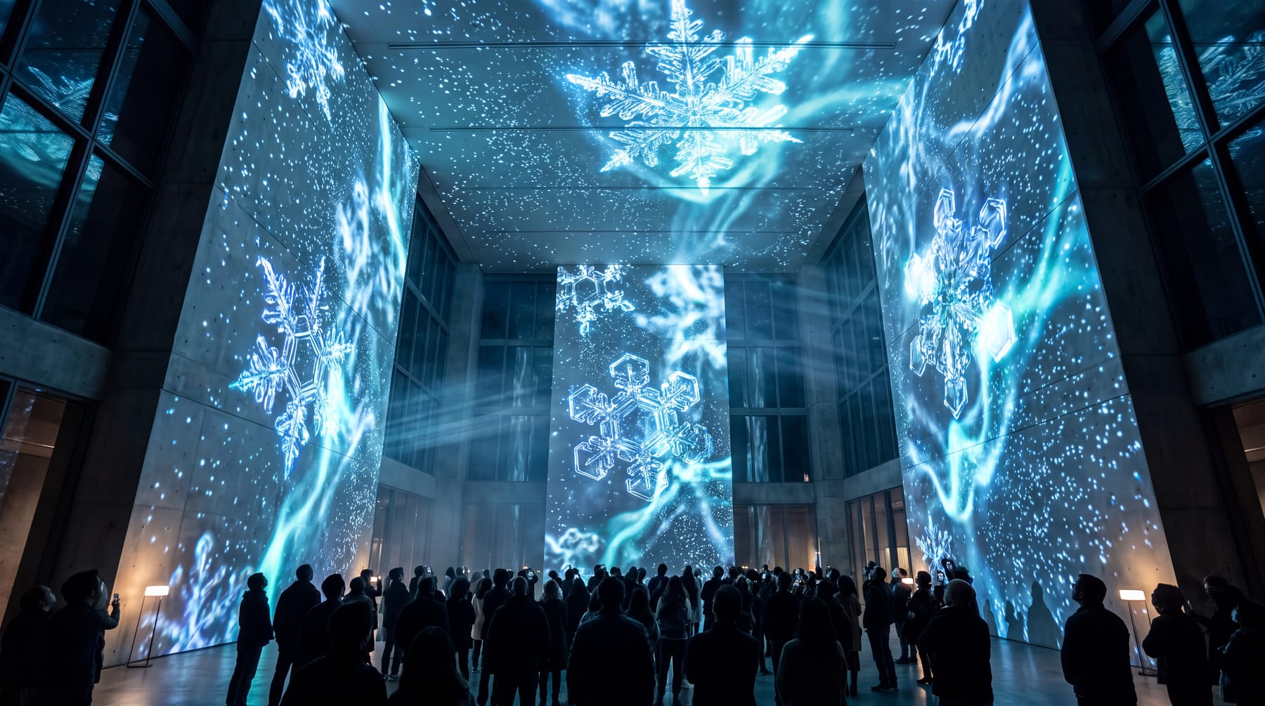 Frost crystals thrown across the full height of the hall above a standing crowd
