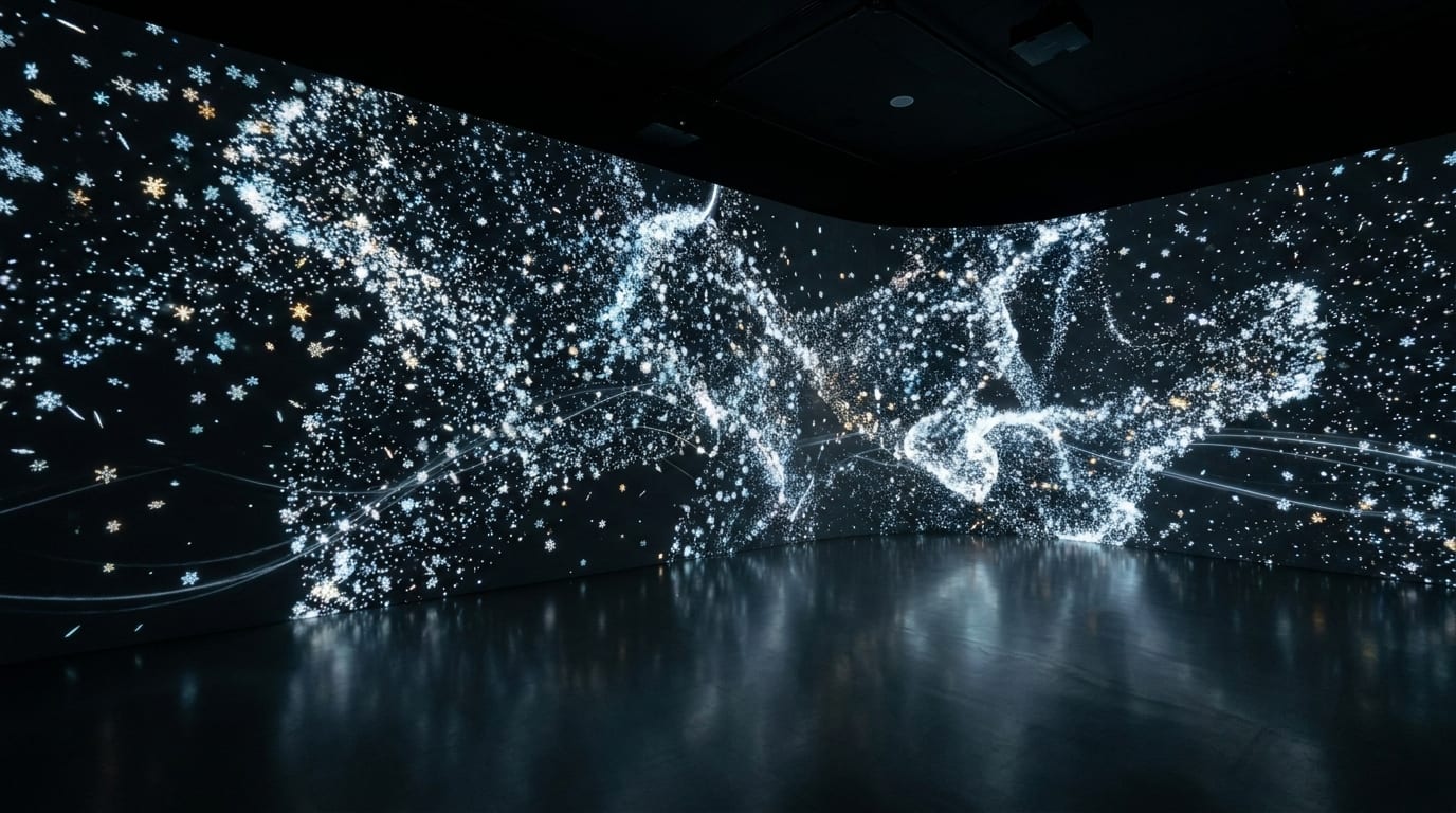 A wall of snow particles and crystals swirling across the curved projection surface