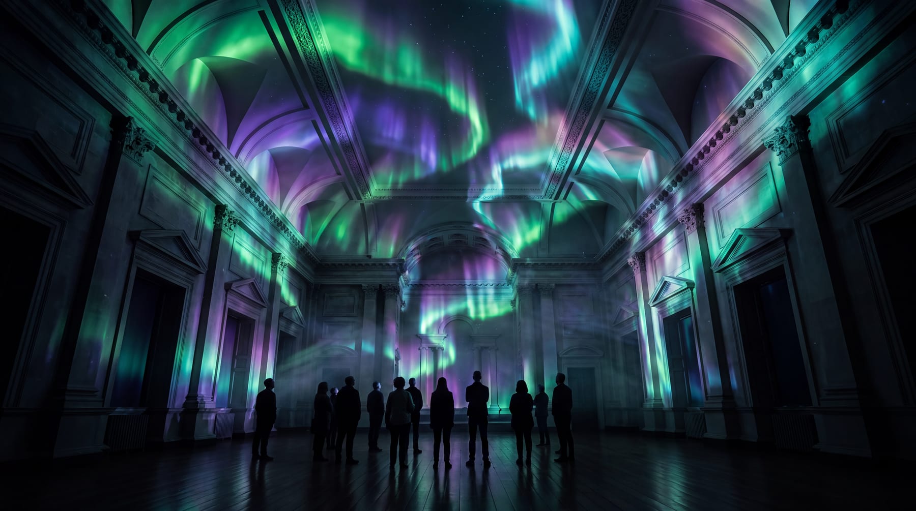 Green and violet aurora folding across the vaulted ceiling of the hall