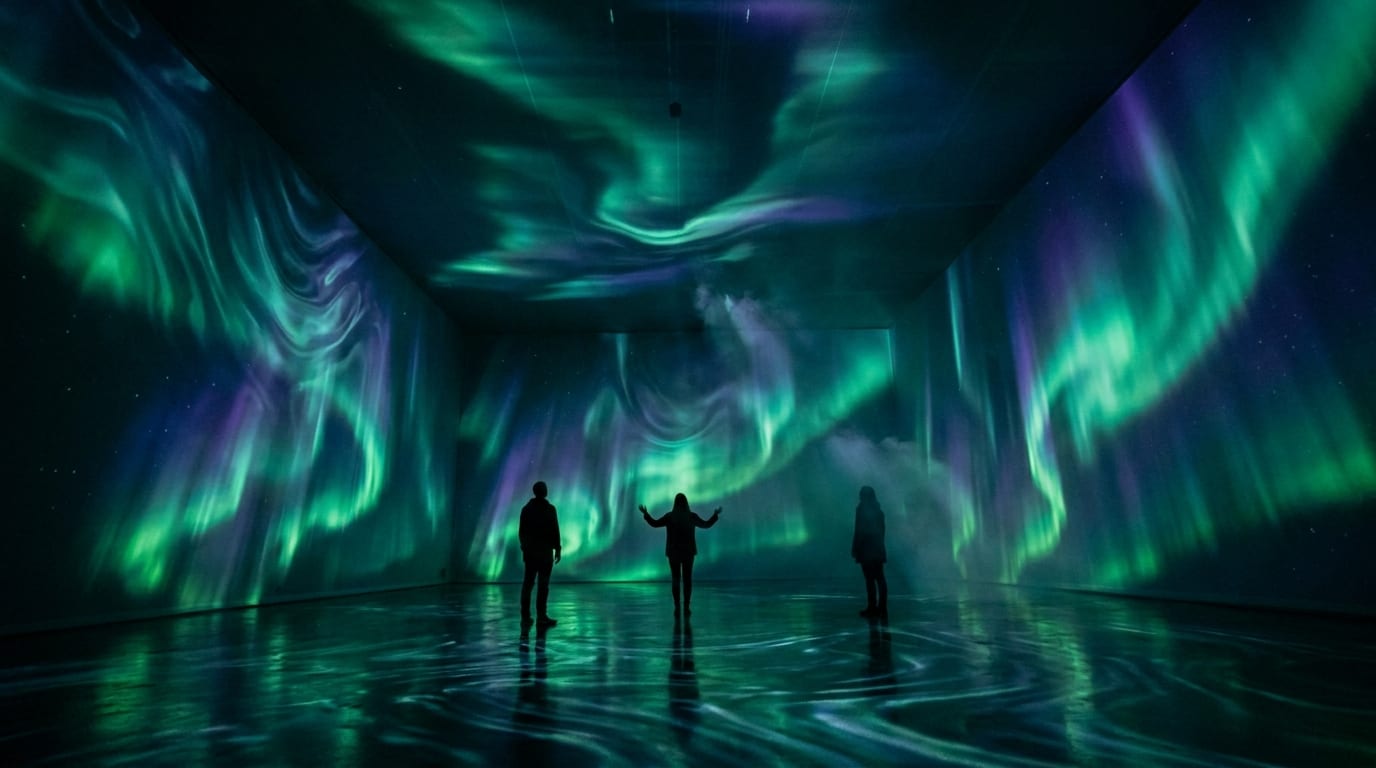 Ribbons of green and violet aurora pouring down the walls around visitors