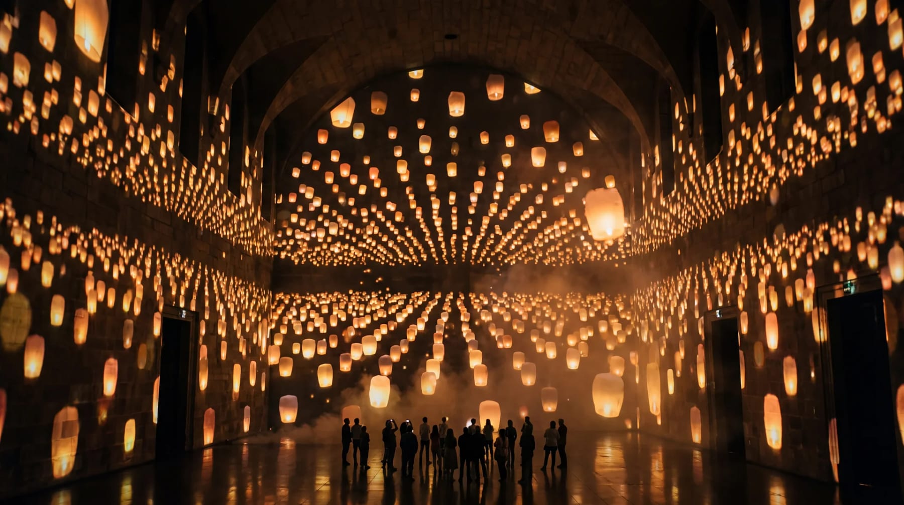 Lanterns radiating out across the ceiling above a standing crowd