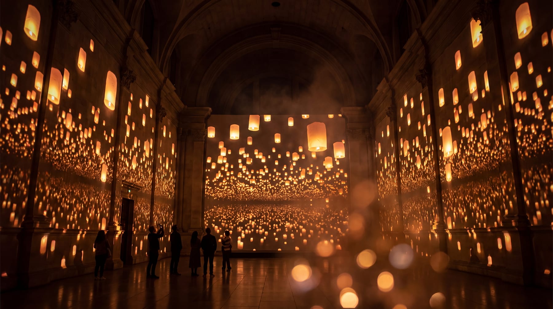 Hundreds of warm lanterns suspended the full height of the hall