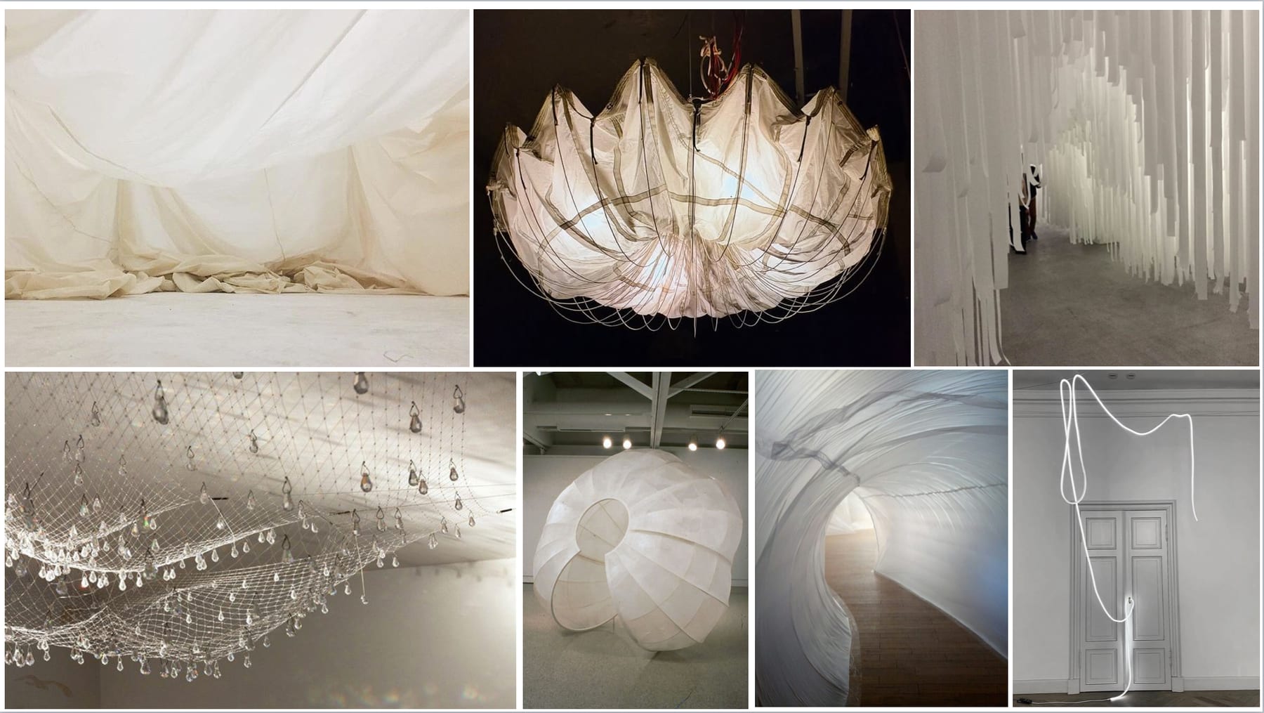Entrance material studies — white fabric, ice columns, suspended crystal
