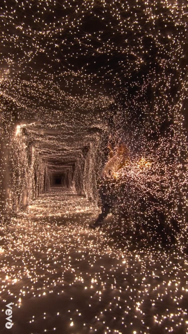 A tunnel of suspended lights